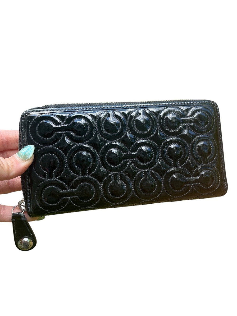 Coach Signature Embossed Patent Leather Accordion Zip Wallet